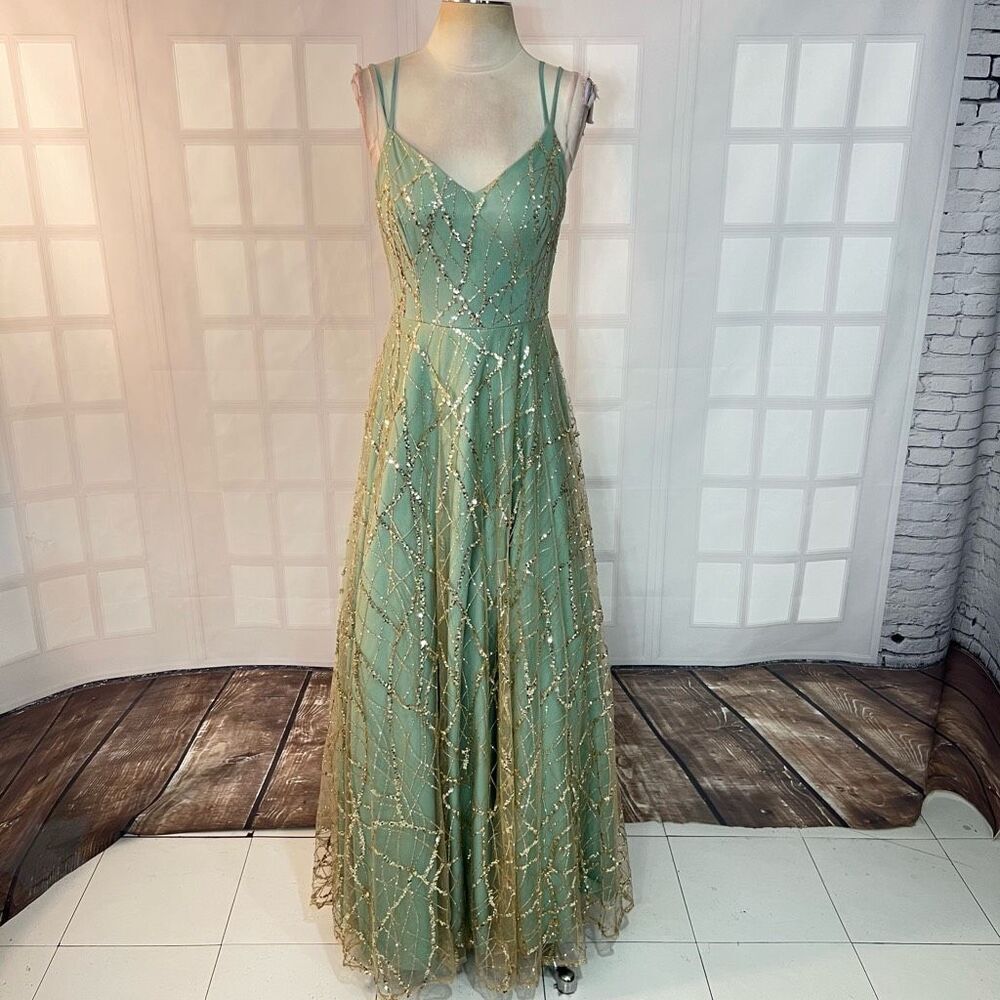 TLC Say Yes to the Prom Green Gold Sequin Glitter Sleeveless Ball Gown Size 9